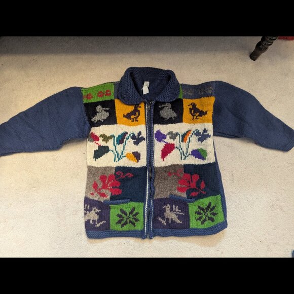 Vintage Hand-Knit Wool Sweater Jacket Cozy Fall Holiday - Picture 3 of 3